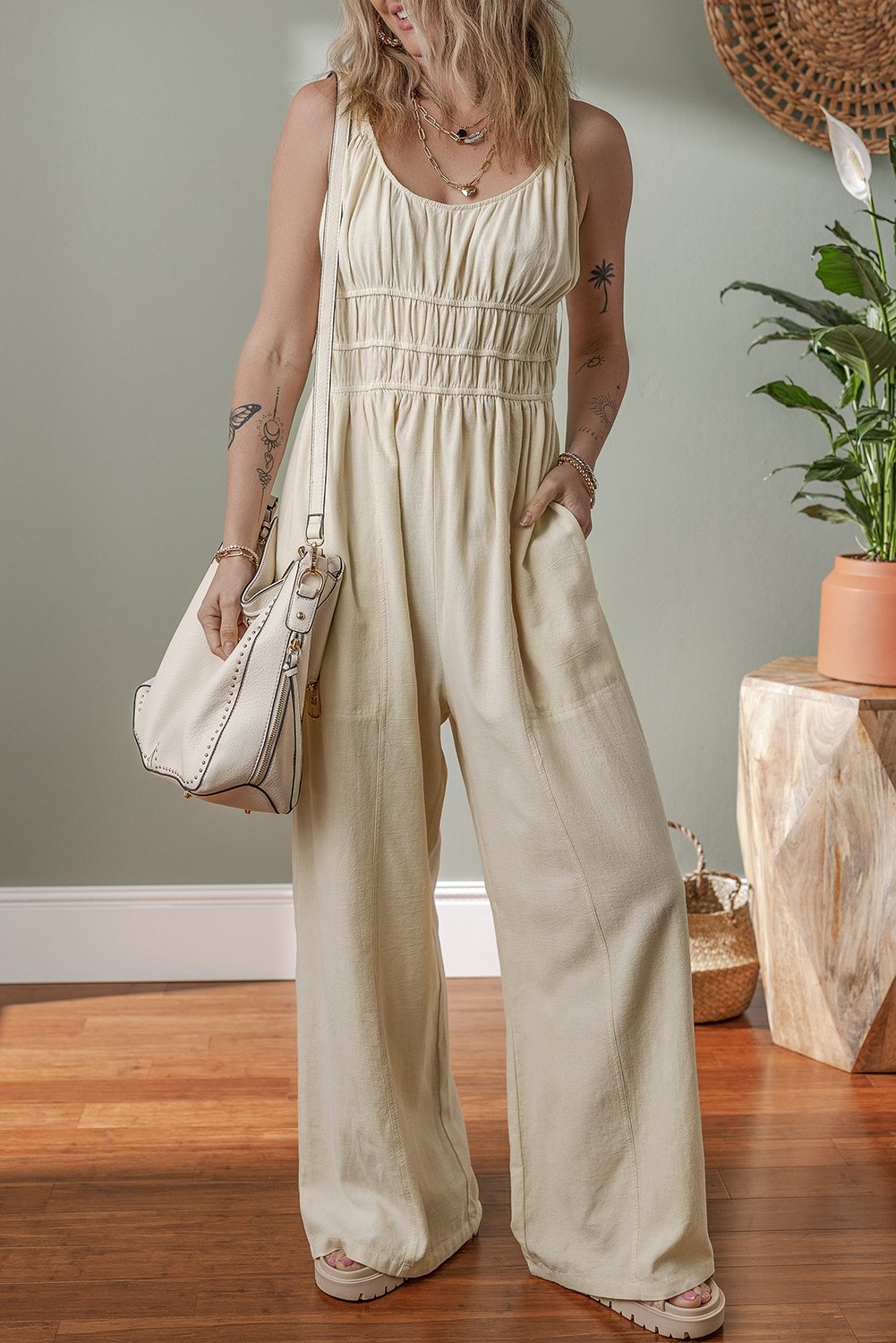 Beige Rüschen High Waist Ärmelloses Weitbein Jumpsuit