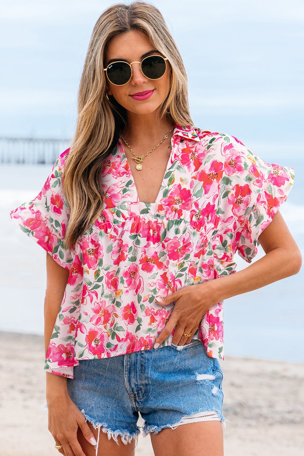Bluse mit Blumenmuster und V-Ausschnitt