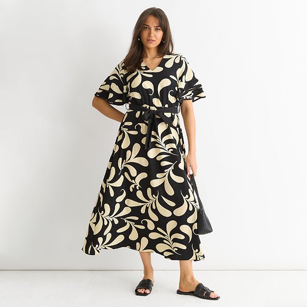 Floral V-Ausschnitt Midi-Kleid mit elastischem Bund
