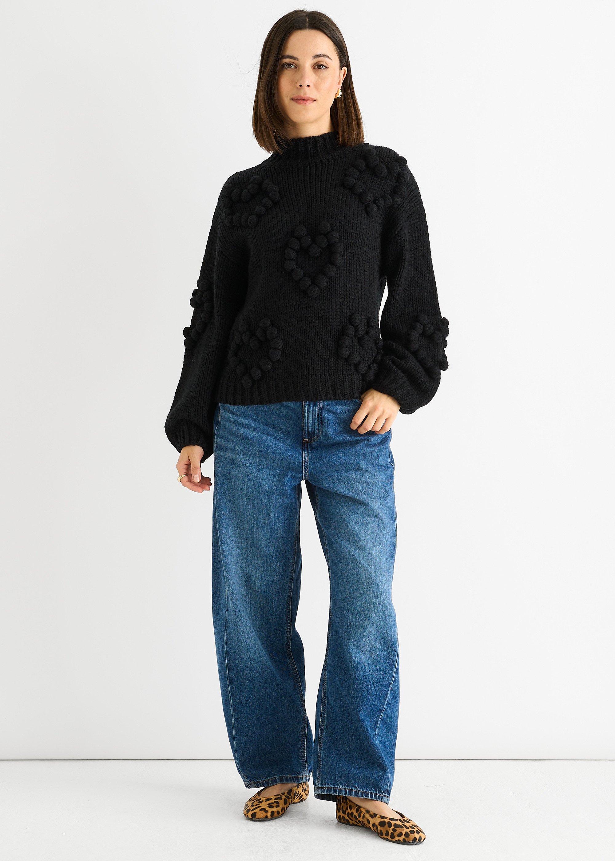 Schwarzes Herz Bubble Chunky Knit High Neck Pullover