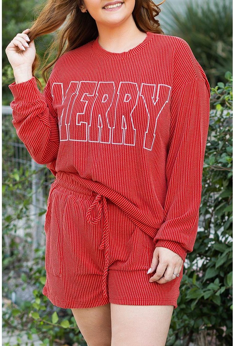 Thumbnail - Azura Exchange Racing Red MERRY Gerippter Strick Langarm Lace-up Taillen Plus-Size Set