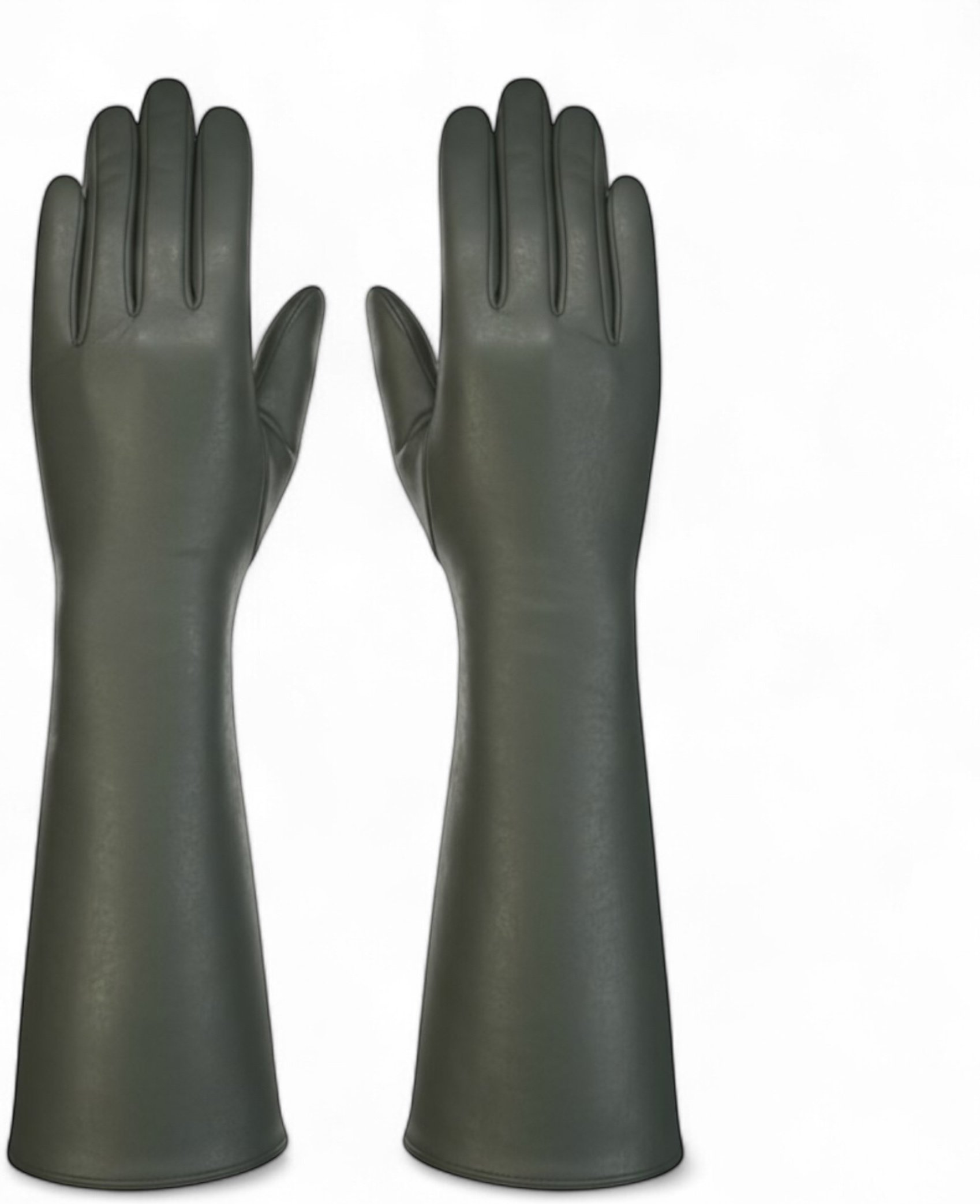 Lange olivgrüne Winterhandschuhe aus italienischem Leder mit weichem Wollfutter