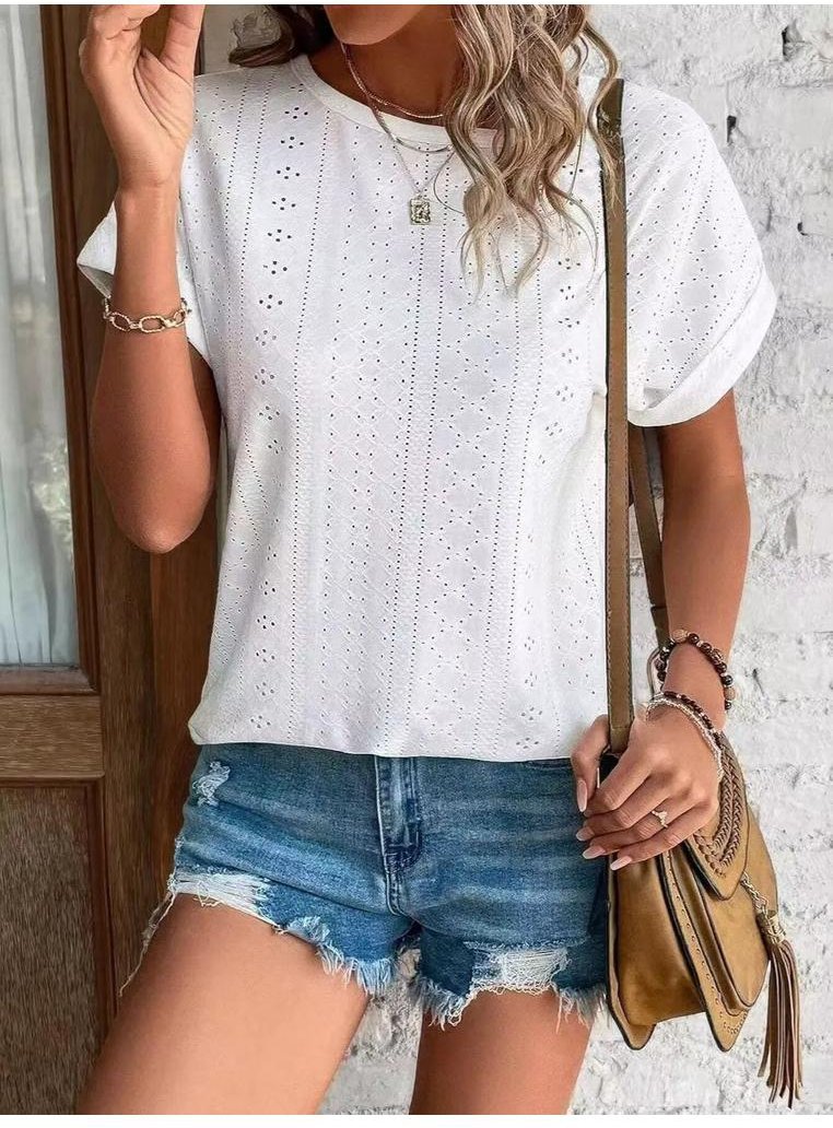 Damen T-Shirt mit Rundhalsausschnitt und kurzem Arm mit Lochmuster