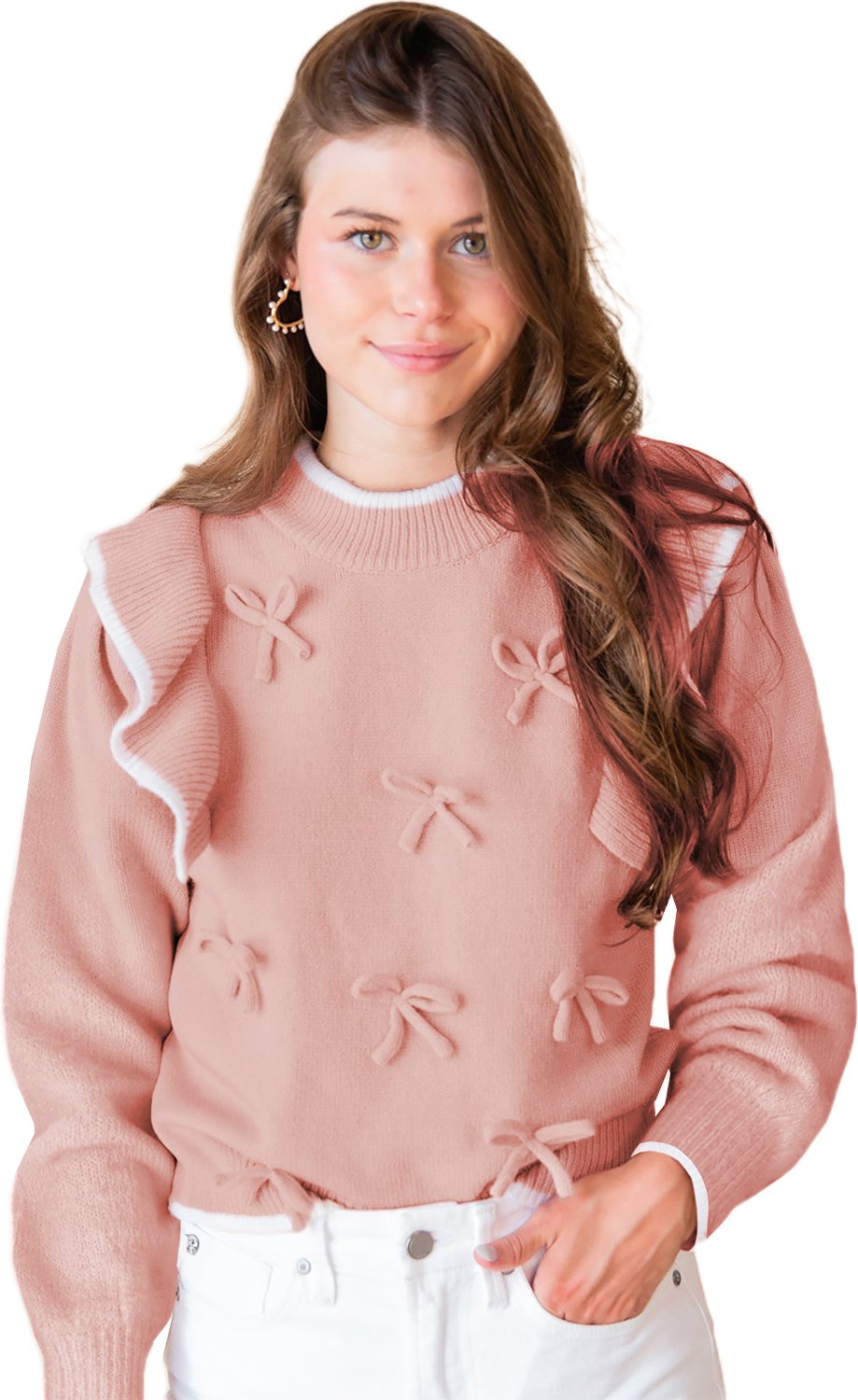 Hellrosa Rüschensweater mit Schleifenverzierung und geripptem Saum, langärmelig