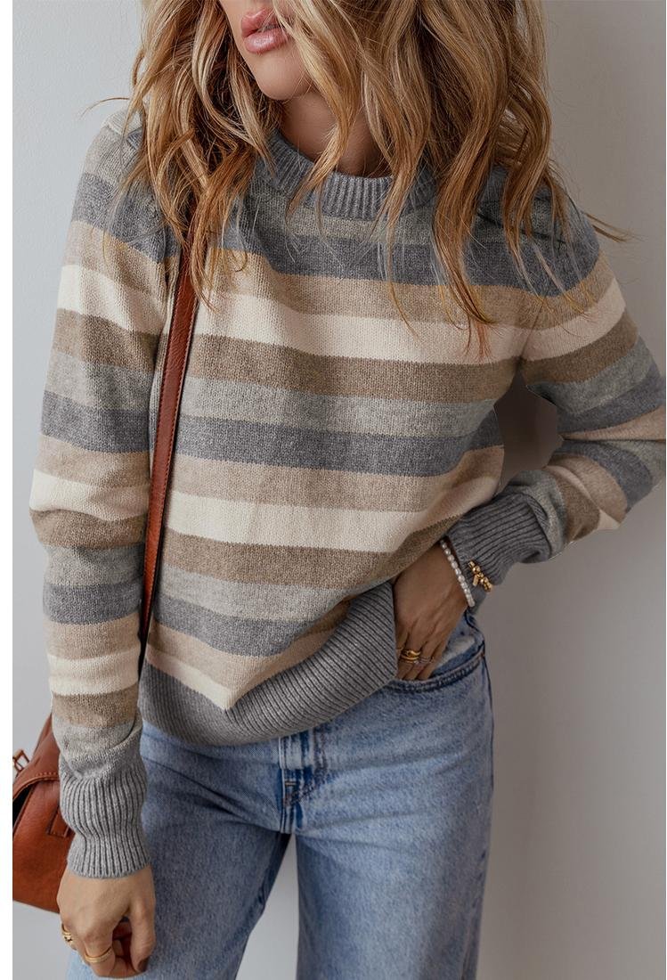 Thumbnail - Azura Exchange Grauer Streifen Farbblock Ribbed Edge Rundhals Pullover