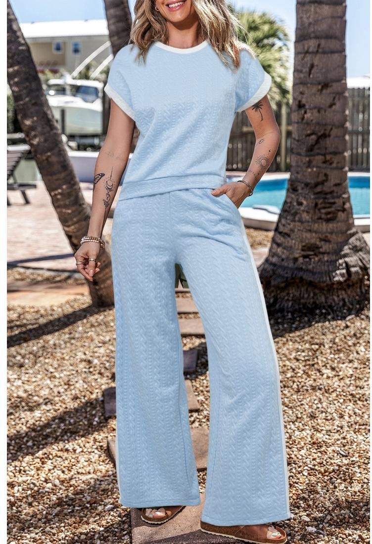 Thumbnail - Beau Blau Texturiertes Farbblock-Kanten Tanktop Hochbundhose Set