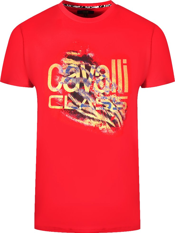 Cavalli Class Geschnittenes Tiger-Print Fett-Logo Rotes T-Shirt
