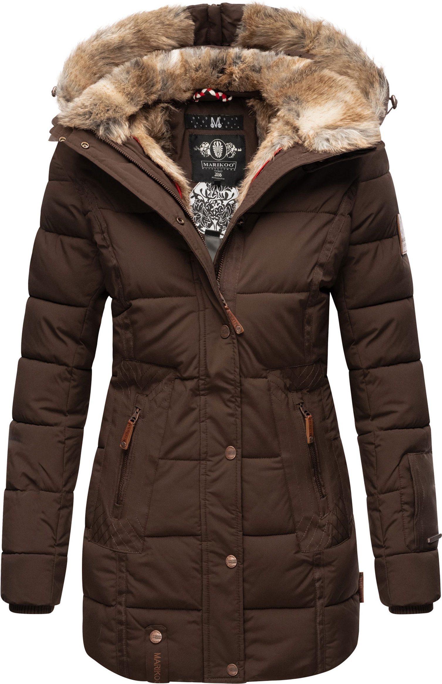 Marikoo Damen Winterjacke mit Kapuze & Kunstfell-Innenfutter