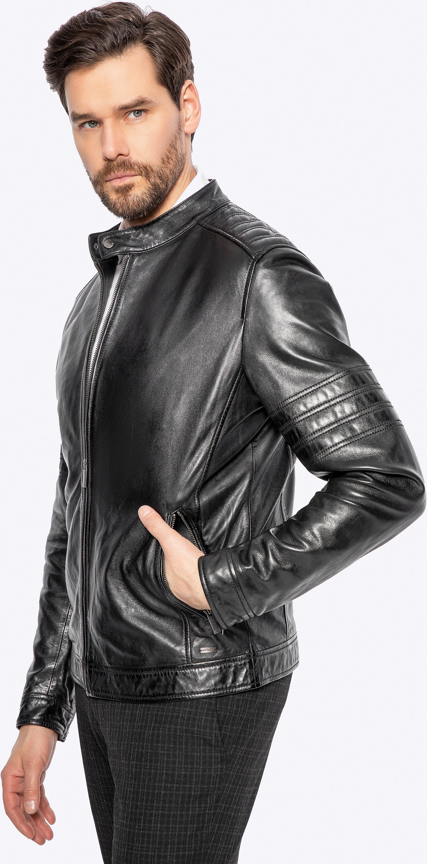 Wittchen Herren Bikerjacke aus schwarzem Leder mit Ziernähten