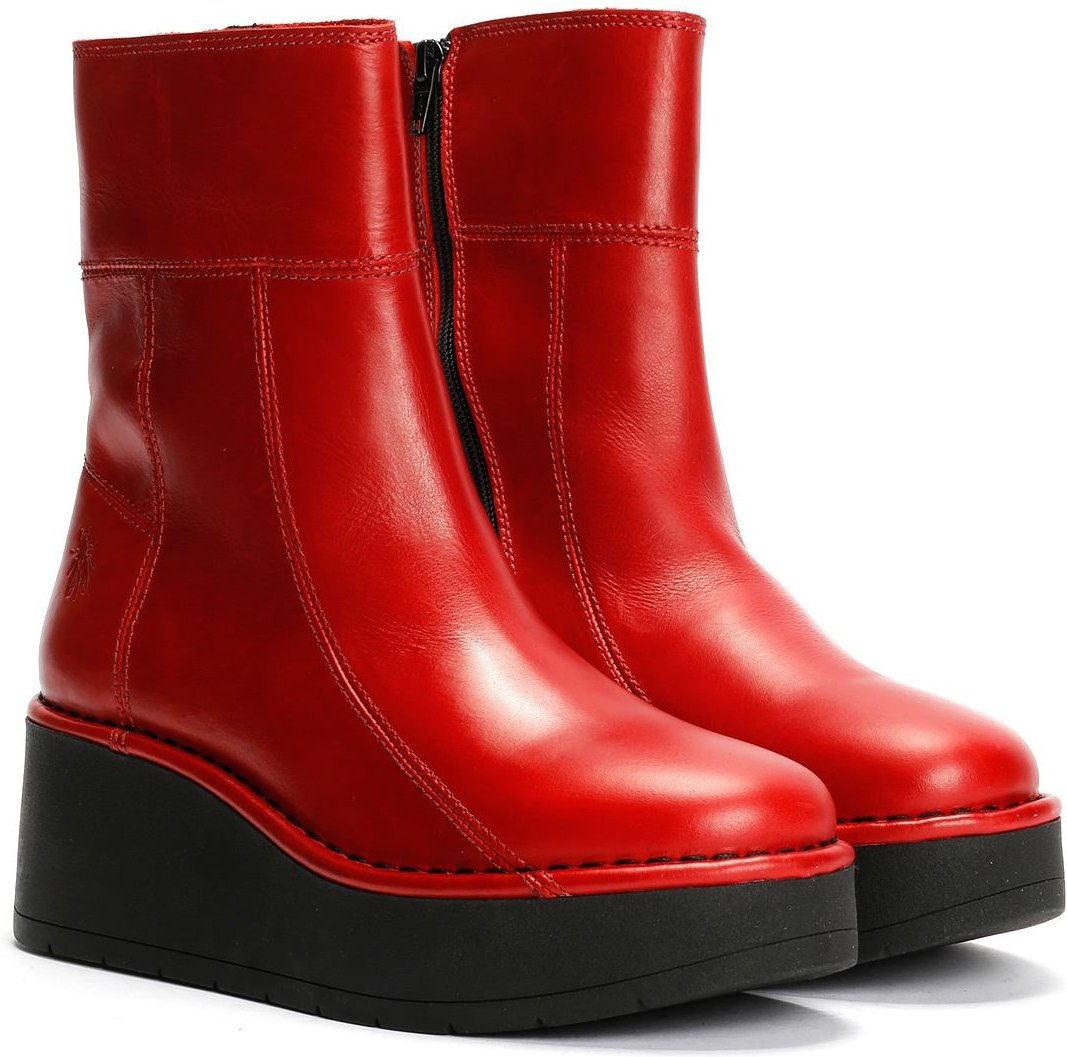 Fly London Hann Wedge Leder Damen Rote Stiefel