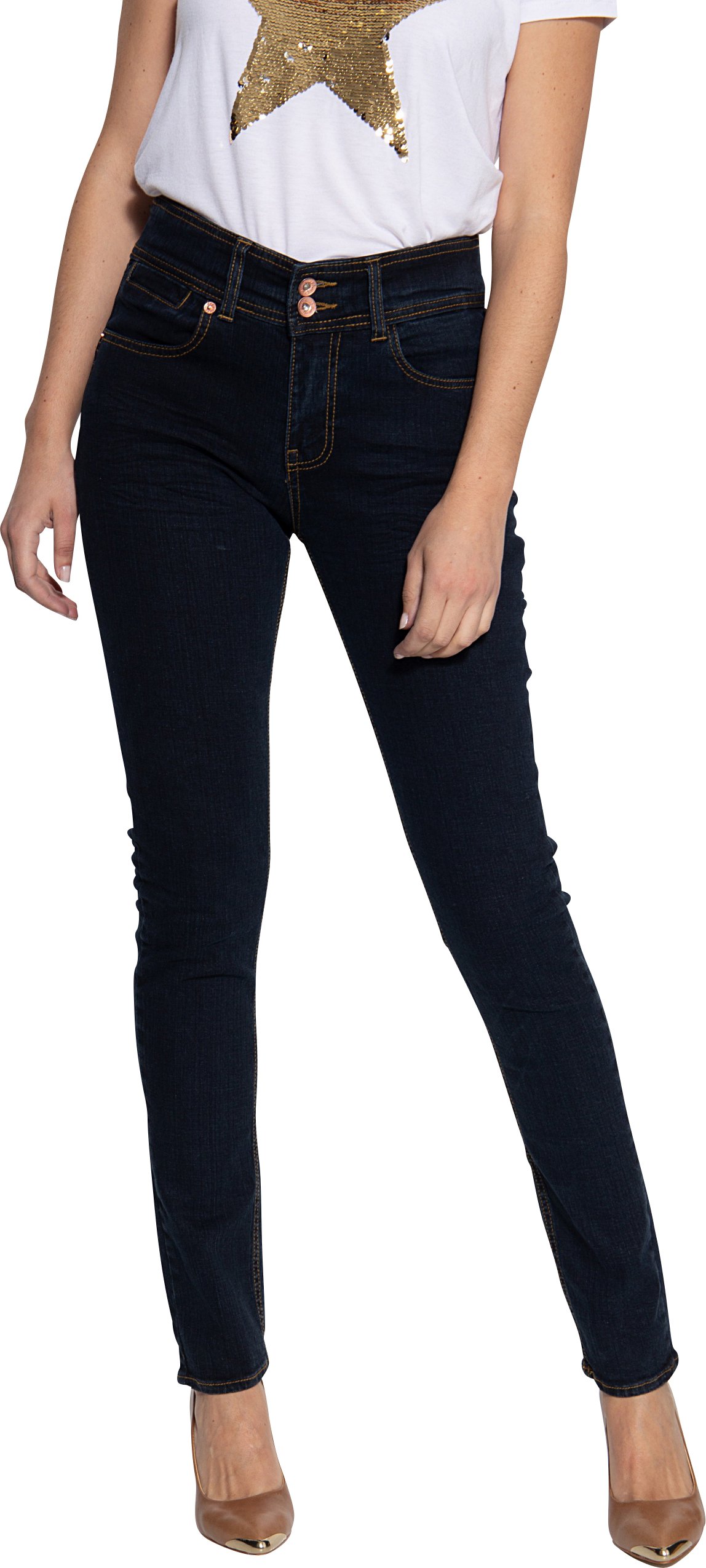 Amor, Truth & Trust Damen Slim Fit Jeans mit kontrastierdenden Absteppungen Chloe dunkelblau