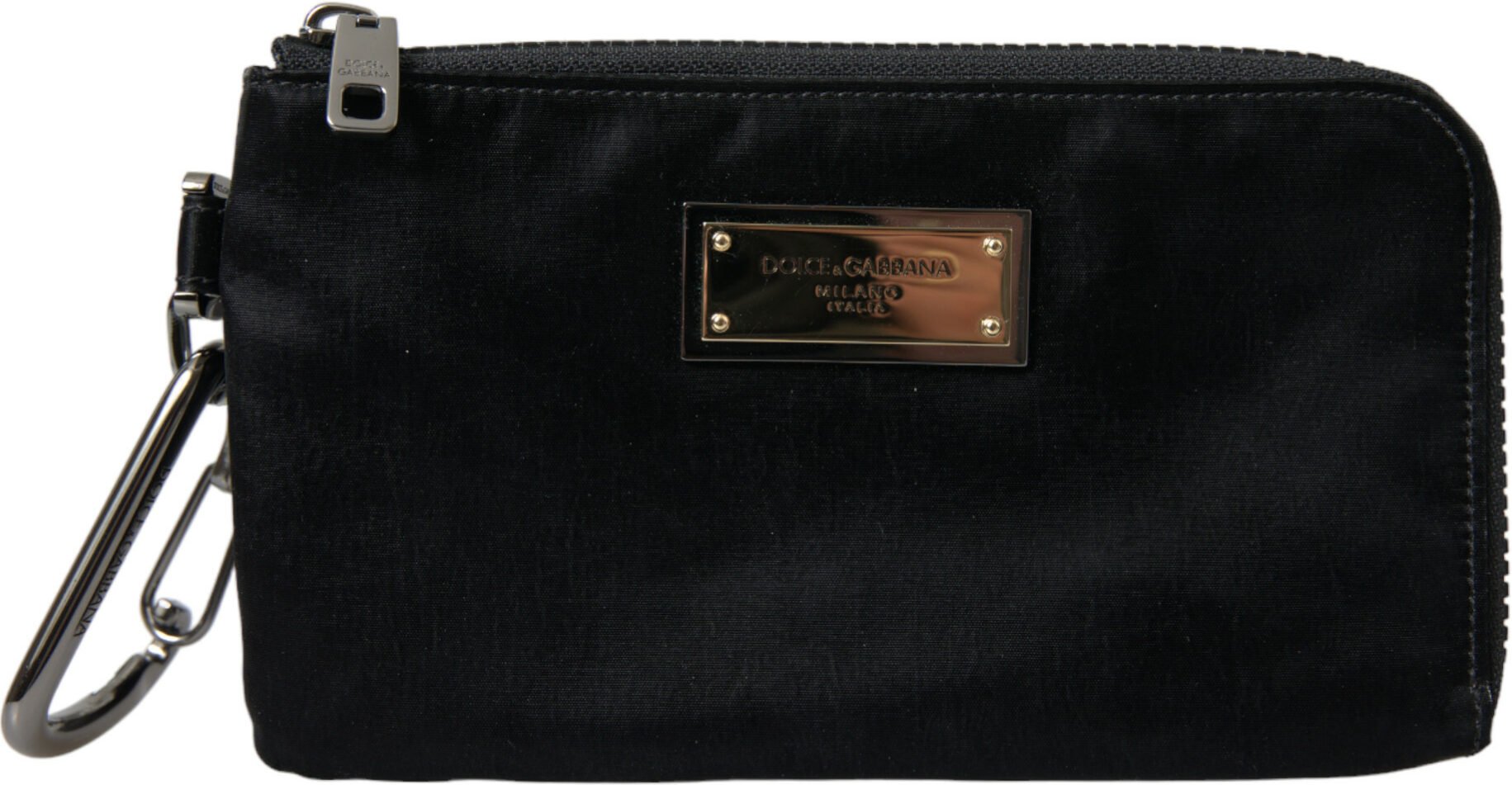 Schwarze Nylon-Logo-Plakette Schlüsselring Tasche Clutch Bags