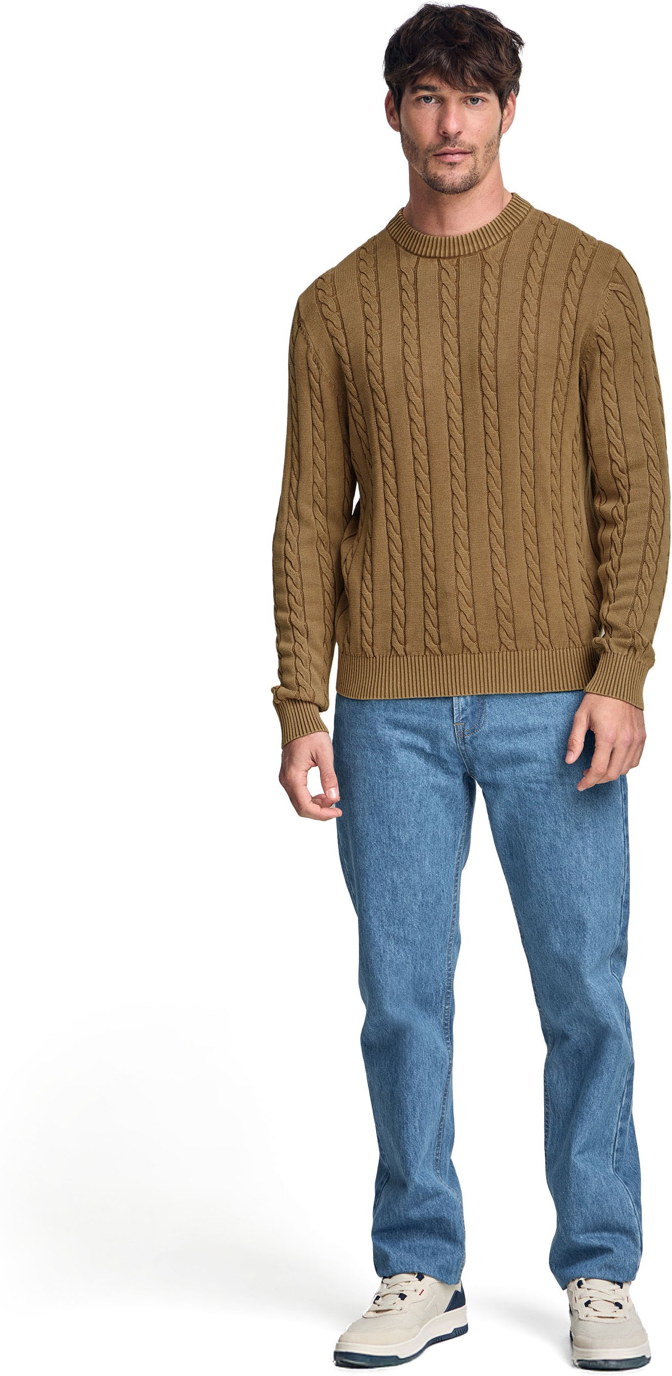 Zopfpullover camel Garmet Dye mit gesticktem Logo