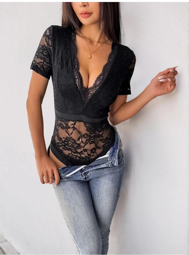 Kurzarm-Bodysuit mit tiefem Ausschnitt aus Spitze und moderater Dehnung