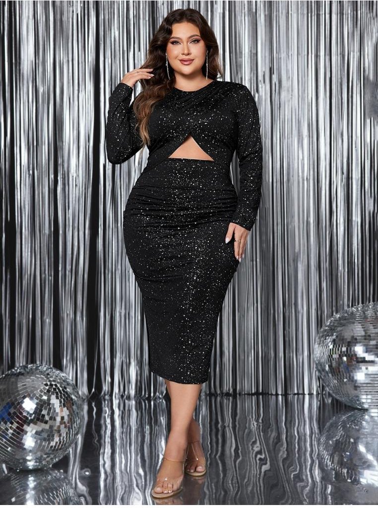 Thumbnail - Damen Honey Plus Size Ausschnitt Schlitz Rundhals Langarmkleid