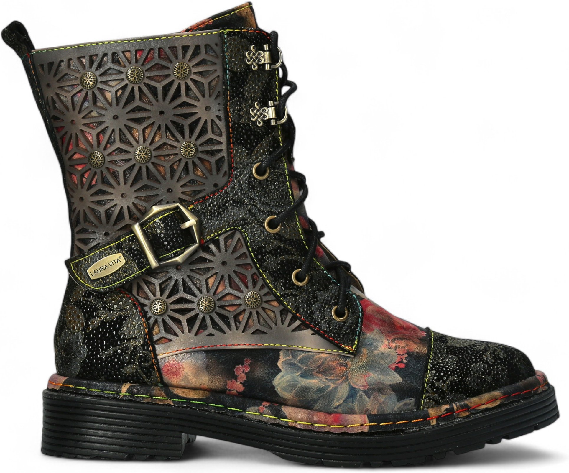 Laura Vita Incaso 36 Schwarze Damenstiefel mit Blumenmuster im Gothic-viktorianischen Stil aus Leder