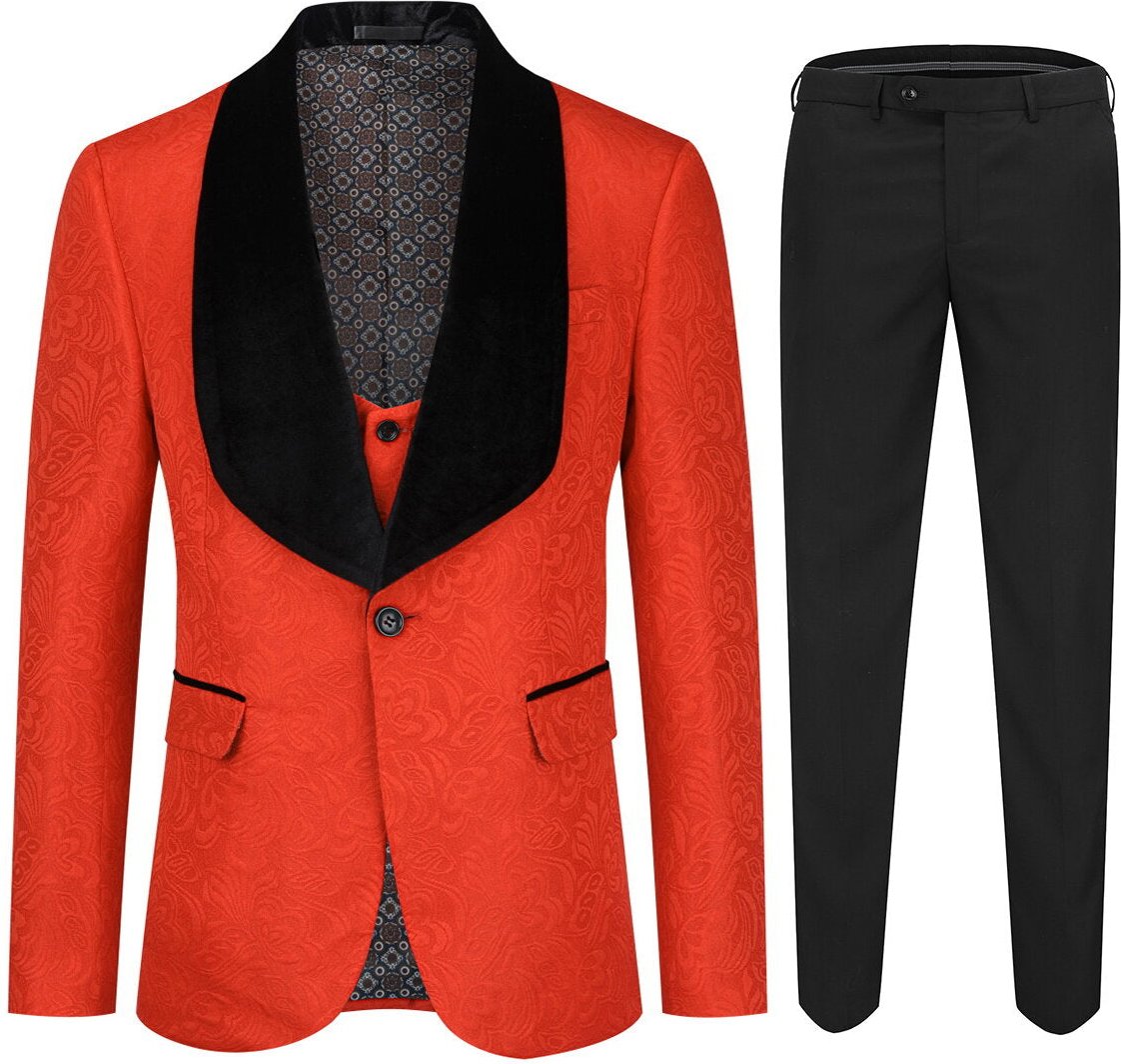 3-teiliger roter Paisley-Anzug mit Schalkragen