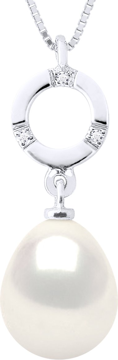 Halskette Schmuck Diamant 0,01 Karat Weißgold und echte Süßwasser-Zuchtperle Birne 9-10 mm