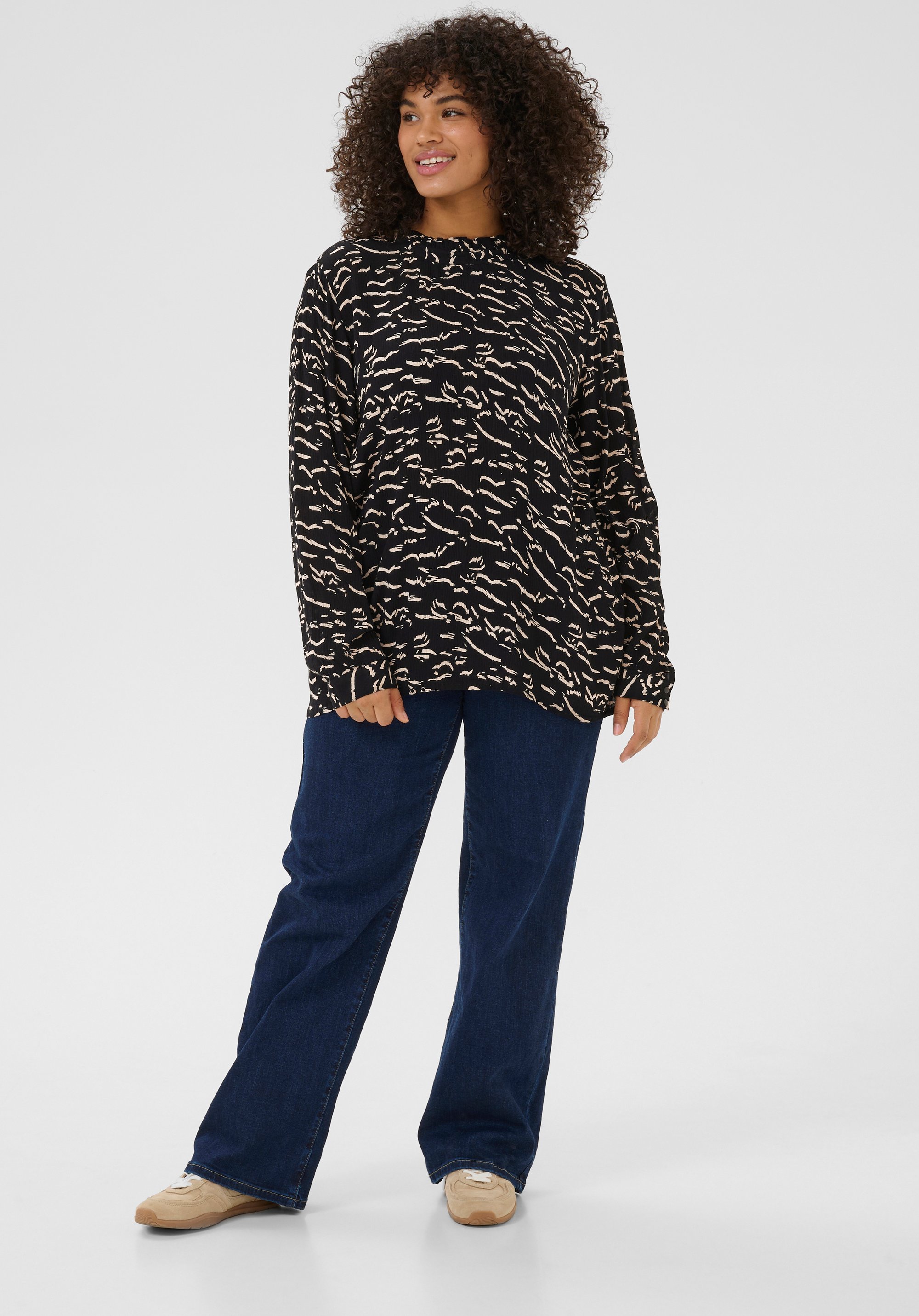 Langarm-Bluse Regular fit Black/Beige Abstract Print black