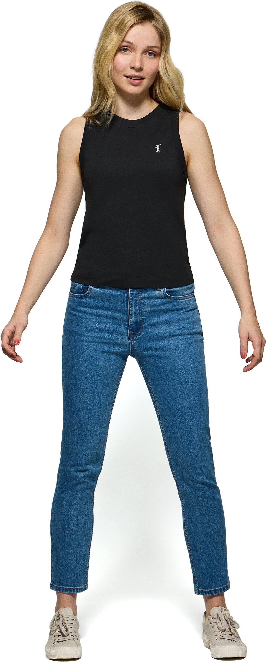 Schlichtes ärmelloses T-Shirt schwarz mit Rundkragen und Rigby Go Logo-Stickerei