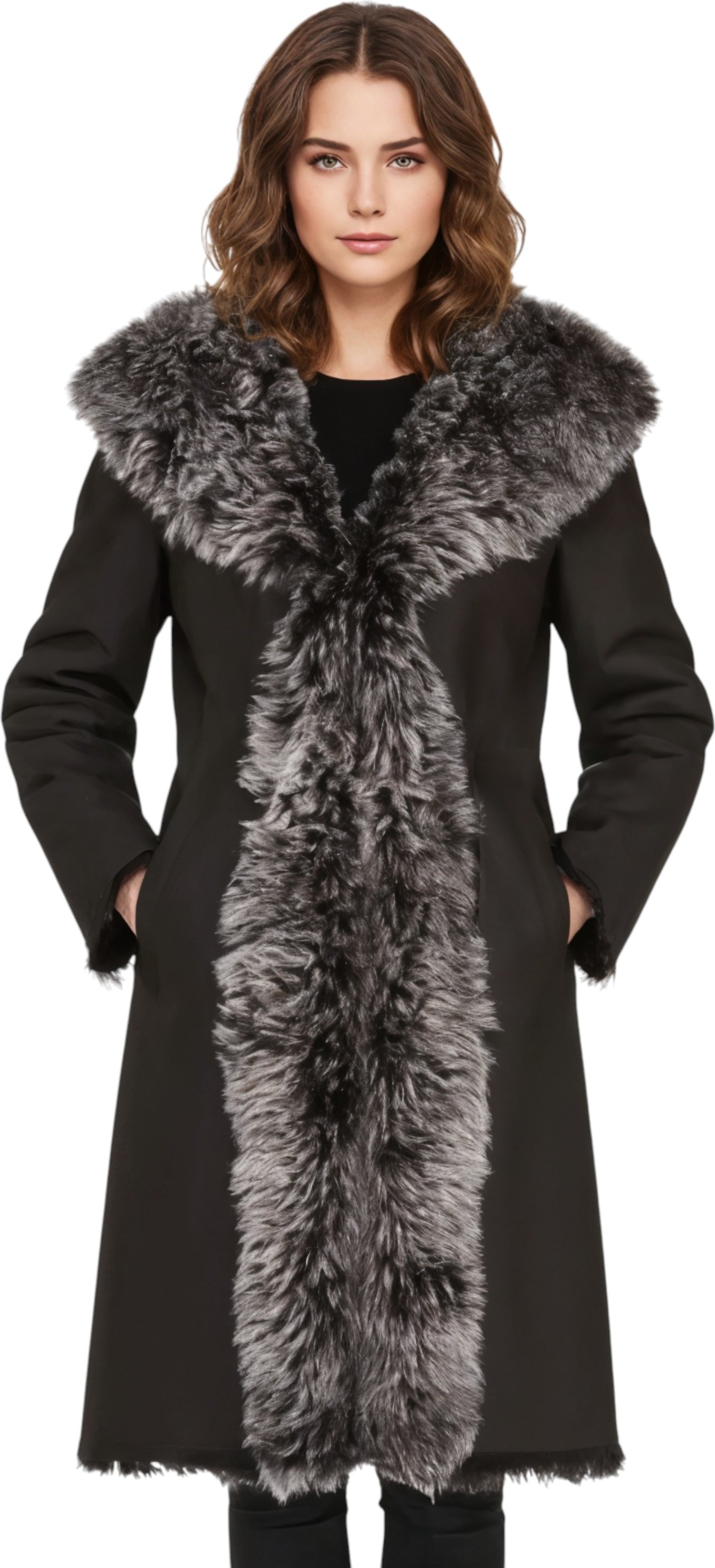 Schwarzer Damen-Trenchcoat mit Kapuze aus echtem Schafleder, Modell Toscana - Verona