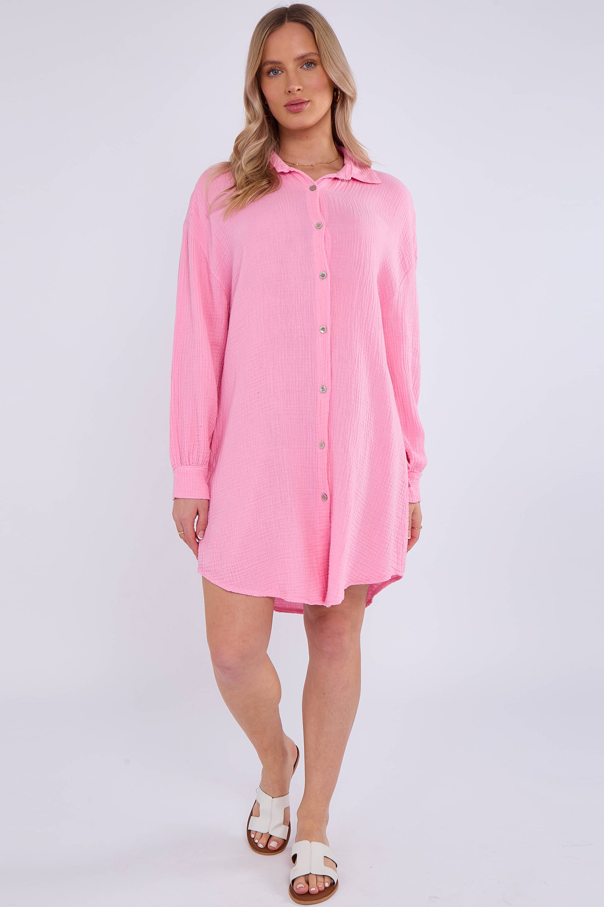 Rosa Langes Hemd aus strukturierter Baumwolle in Übergröße