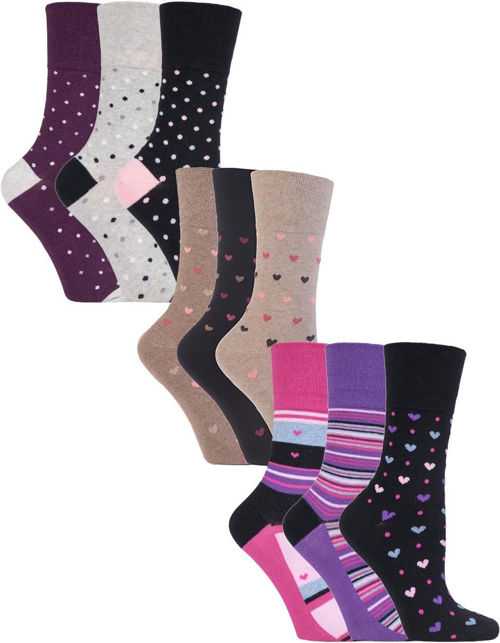 9 Paar Multipack Ladies Cotton Crew Non Elastic Socks | Gentle Grip | Womens Soft Top Striped Patterned Non Binding Sock...