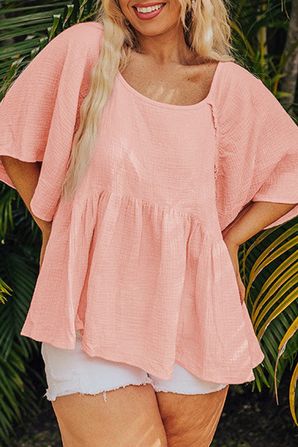 Thumbnail - Aprikosenpink Plus Size Texturierte Breite Kurzarm Babydoll-Bluse