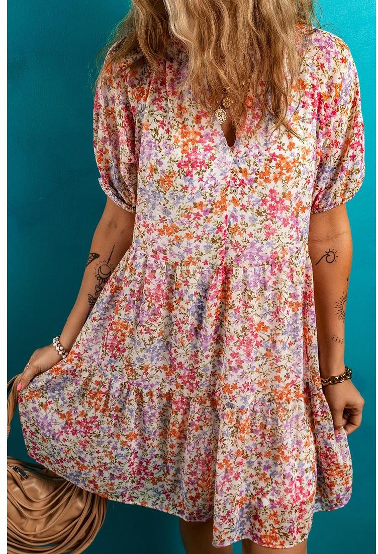 Thumbnail - Rotes Blumenkleid mit Puffärmeln, V-Ausschnitt und gestuftem Minirock