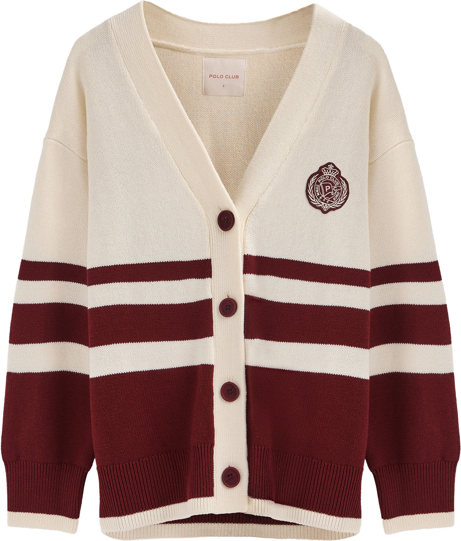 Cardigan granatrot mit V-Ausschnitt, Knöpfen und maritimem Polo Club-Patch