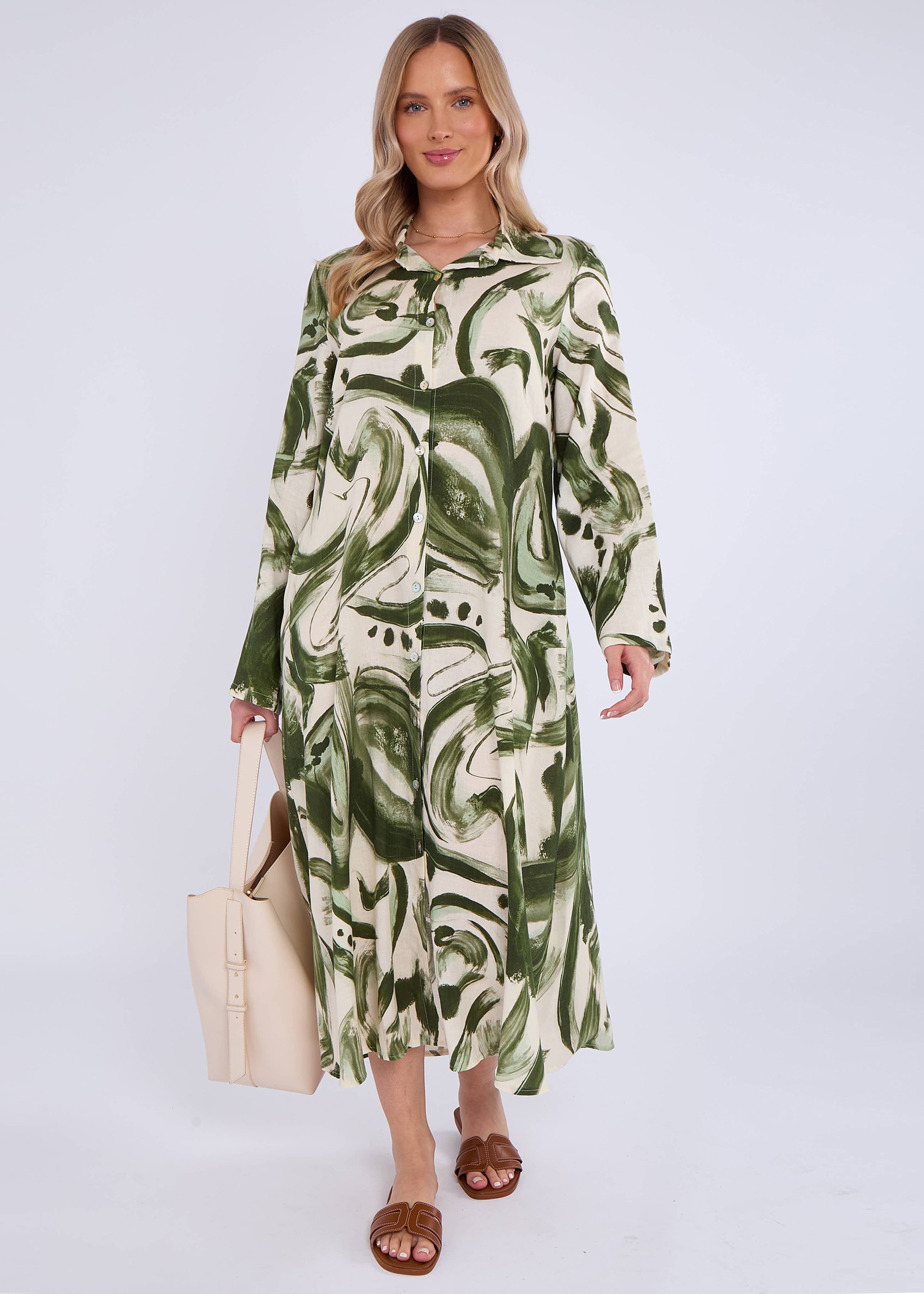 Militärgrünes Leinenhemd mit Taschendetail Midikleid