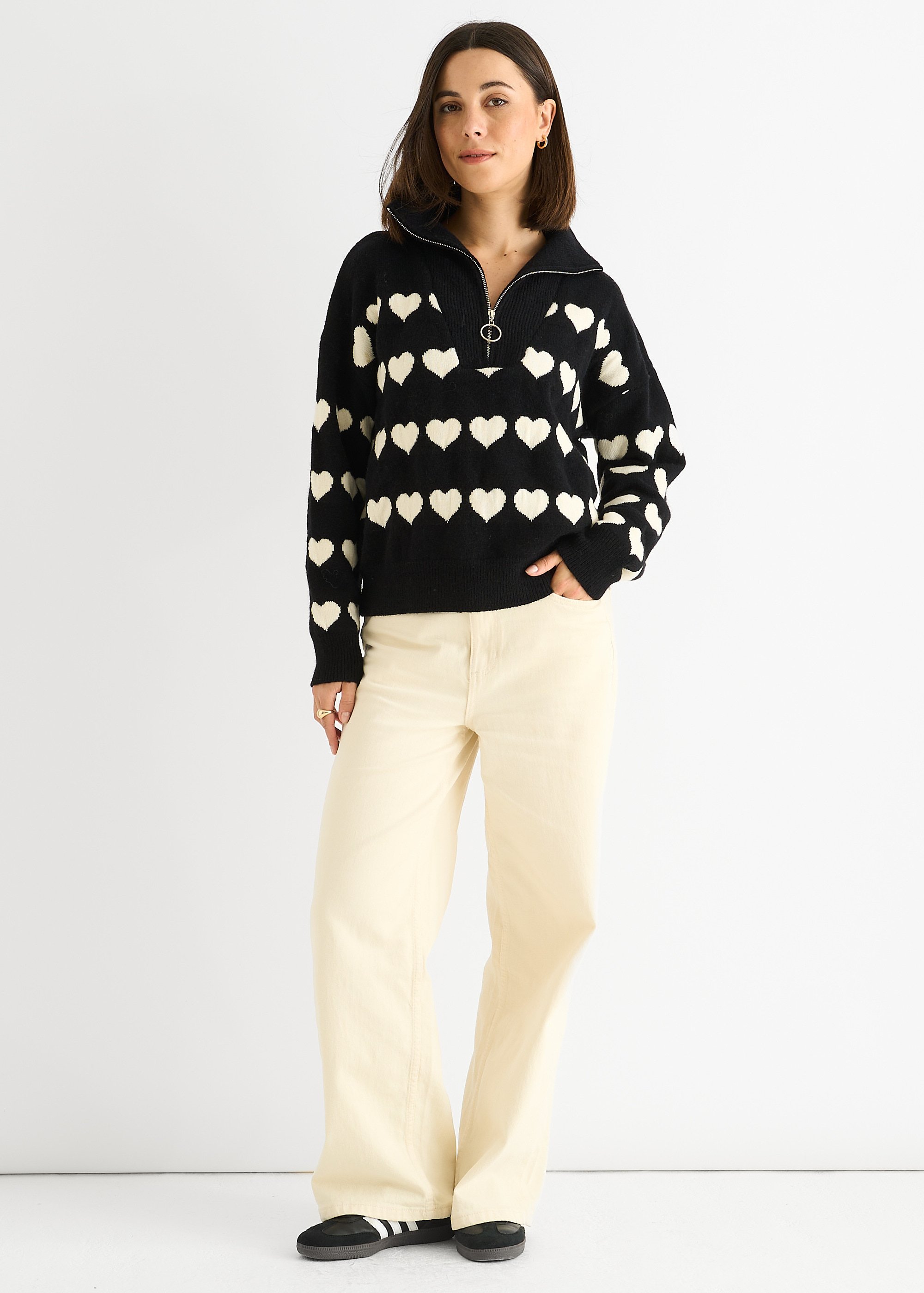 Schwarzes Herz Zip-Up Lockere Passform Strickpullover