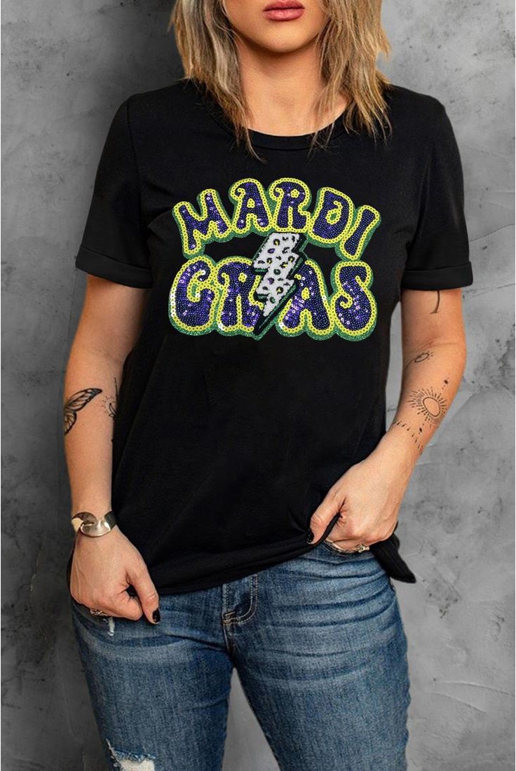Thumbnail - Schwarzes MARDI GRAS Blitz Grafik Kurzarmshirt