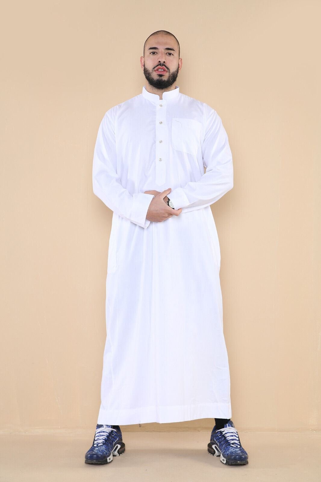 Weißer Thobe Jubba für Herren, saudischer islamischer arabischer Eid-Kaftan aus Baumwolle, Jubbah Umrah Robe