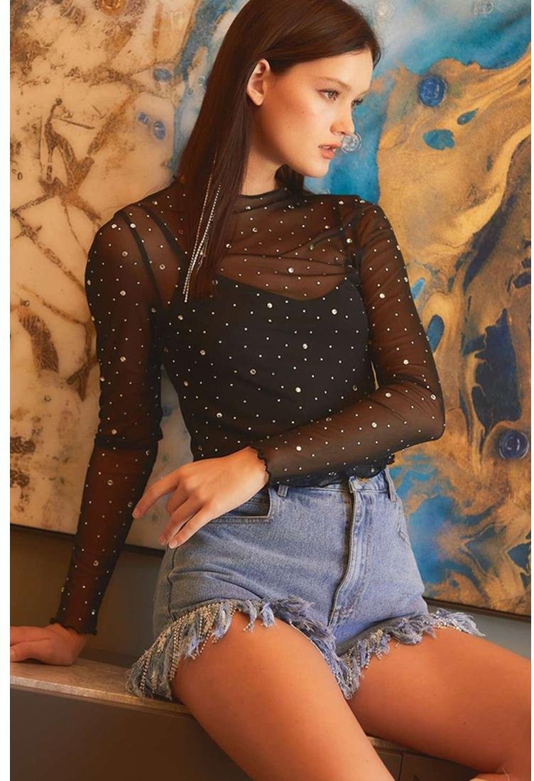 Thumbnail - Azura Exchange Schwarzes Strass-Transparent-Mesh Slim Fit Langarmoberteil
