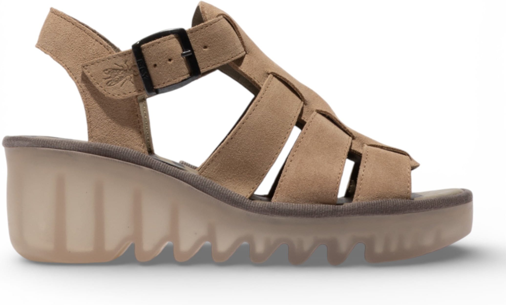 Fly London Damen-Keilsandalen BAIC621FLY aus taupefarbenem Wildleder