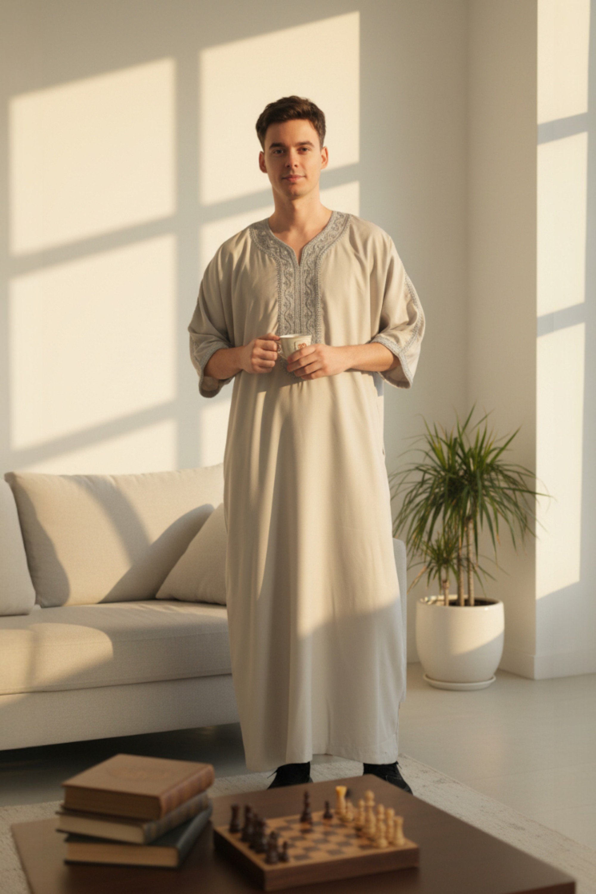 Graue marokkanische Thobe-Robe für Herren Eid Djellaba Gandoura Jubba LFS- HM65