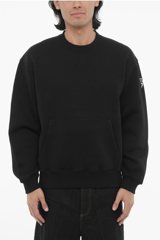 Bequem geschnittenes Sweatshirt mit Rundhalsausschnitt aus Fleece-Baumwollmischung in Schwarz