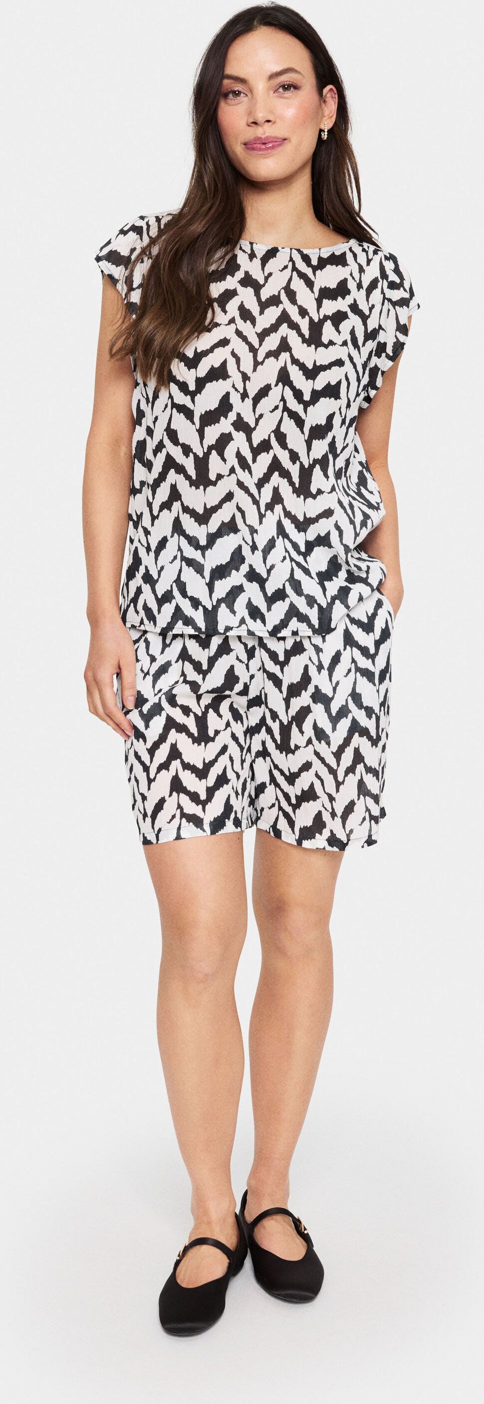 Kurzarm-Bluse Lockere Passform Small Monochrome Strokes black white