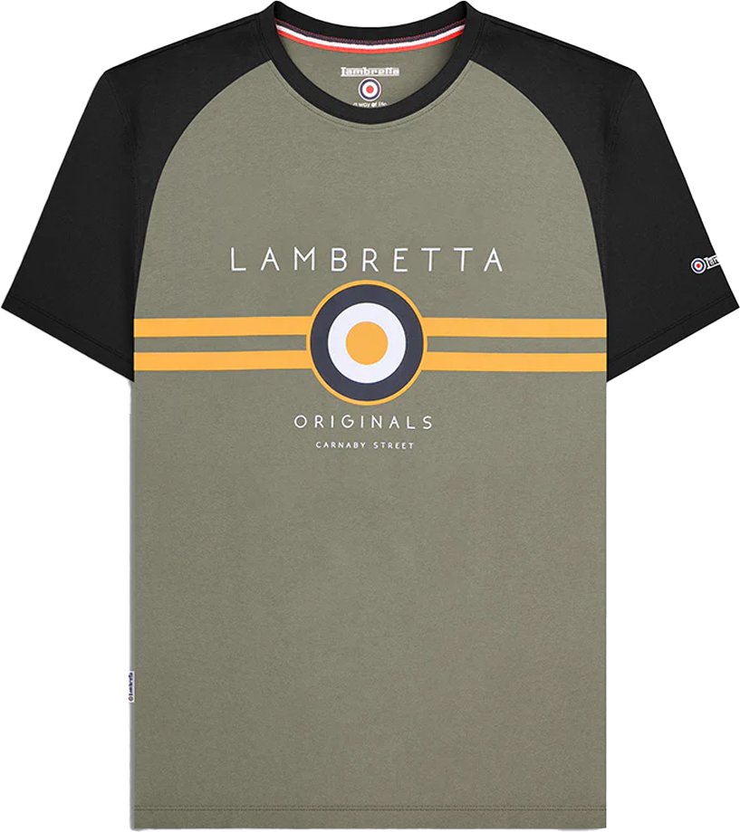 Lambretta - "SS24" T-Shirt für Herren Raglanärmel (Schwarz/Gold/Khakigrün)