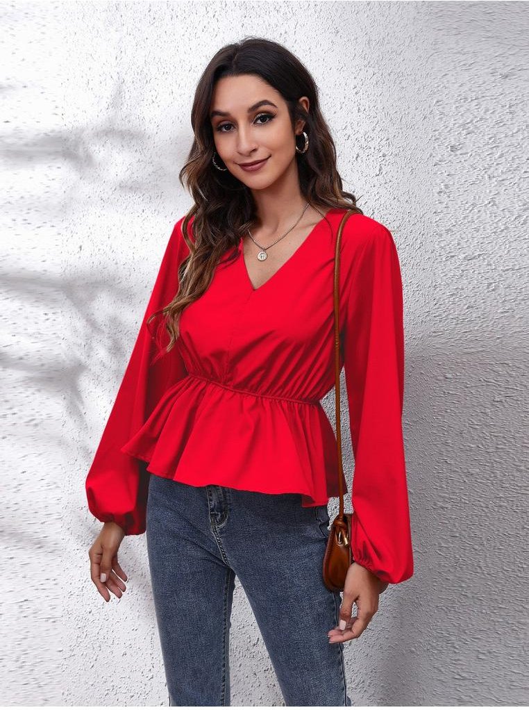 Damen V-Ausschnitt Ballonärmel Peplum-Bluse