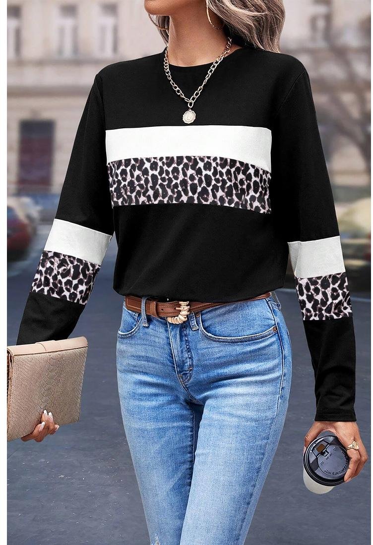 Thumbnail - Azura Exchange Weißer Leopard Farbblock Patchwork Rundhals Langarmshirt