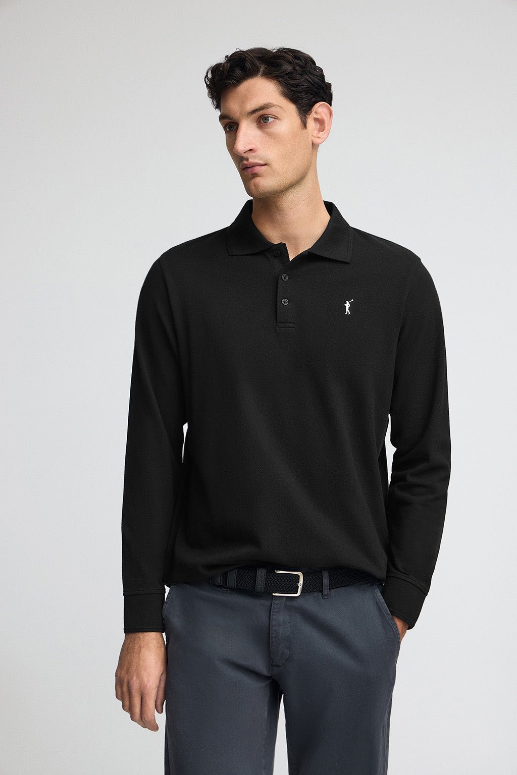 Poloshirt schwarz mit langen Ärmeln und gesticktem Rigby Go-Logo