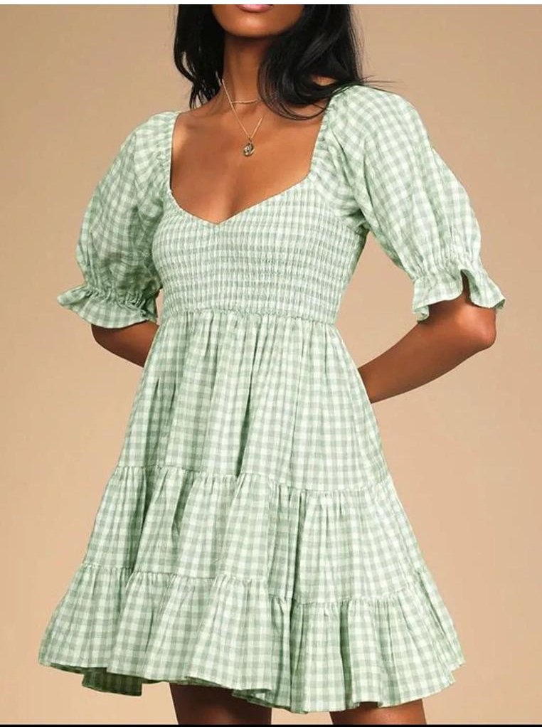 Damen Karierte Mini-Kleid mit Rüschensaum und halben Ärmeln