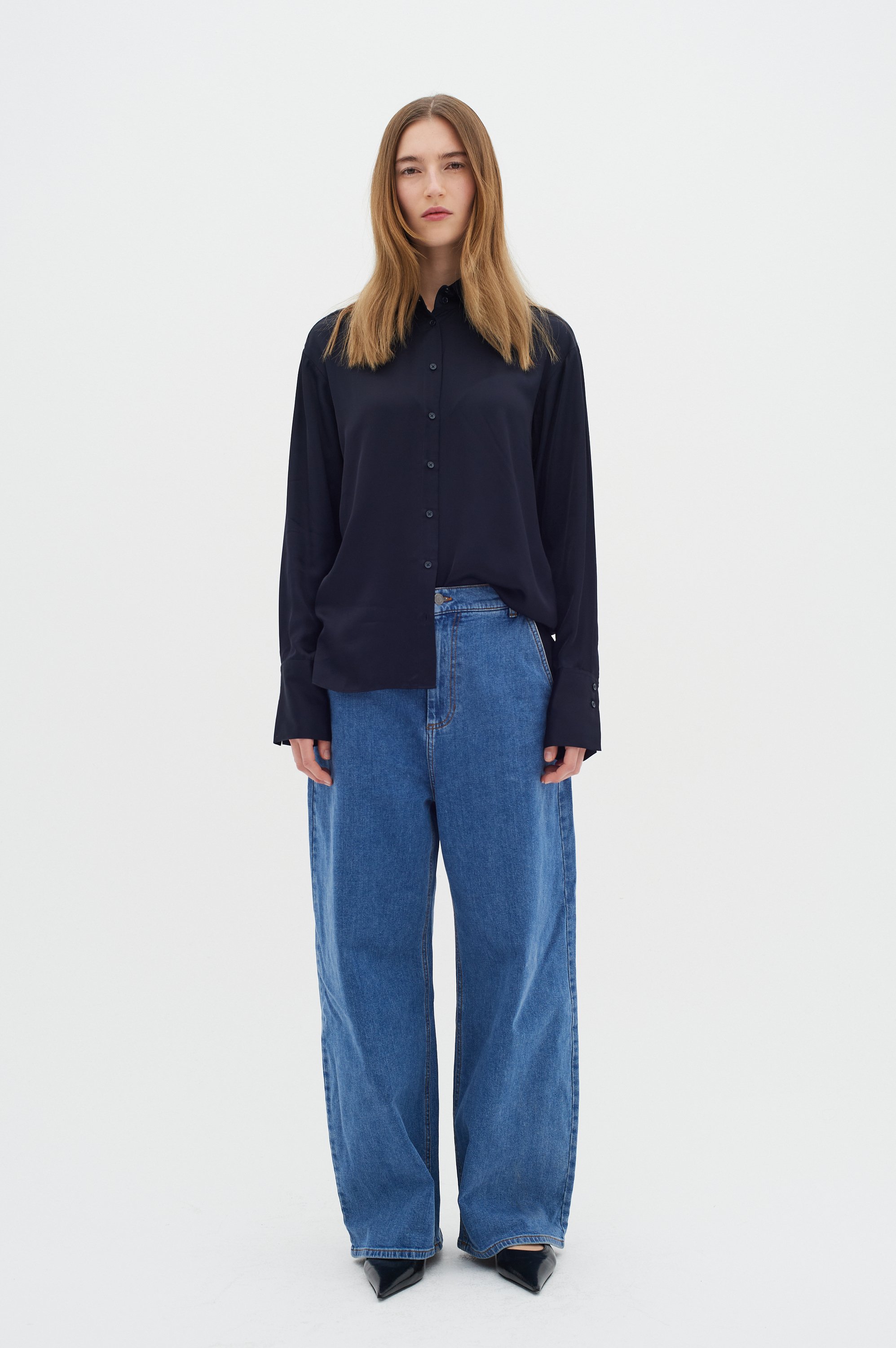 Langarm - Hemd Lockere Passform Marine Blue