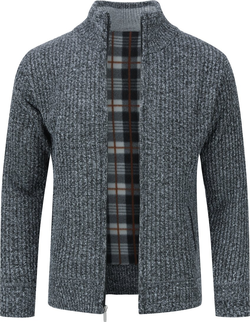 Herren Grobstrick Strickjacke Zip Cardigan mit Stehkragen Winter Pollover Strick Dunkelgrau