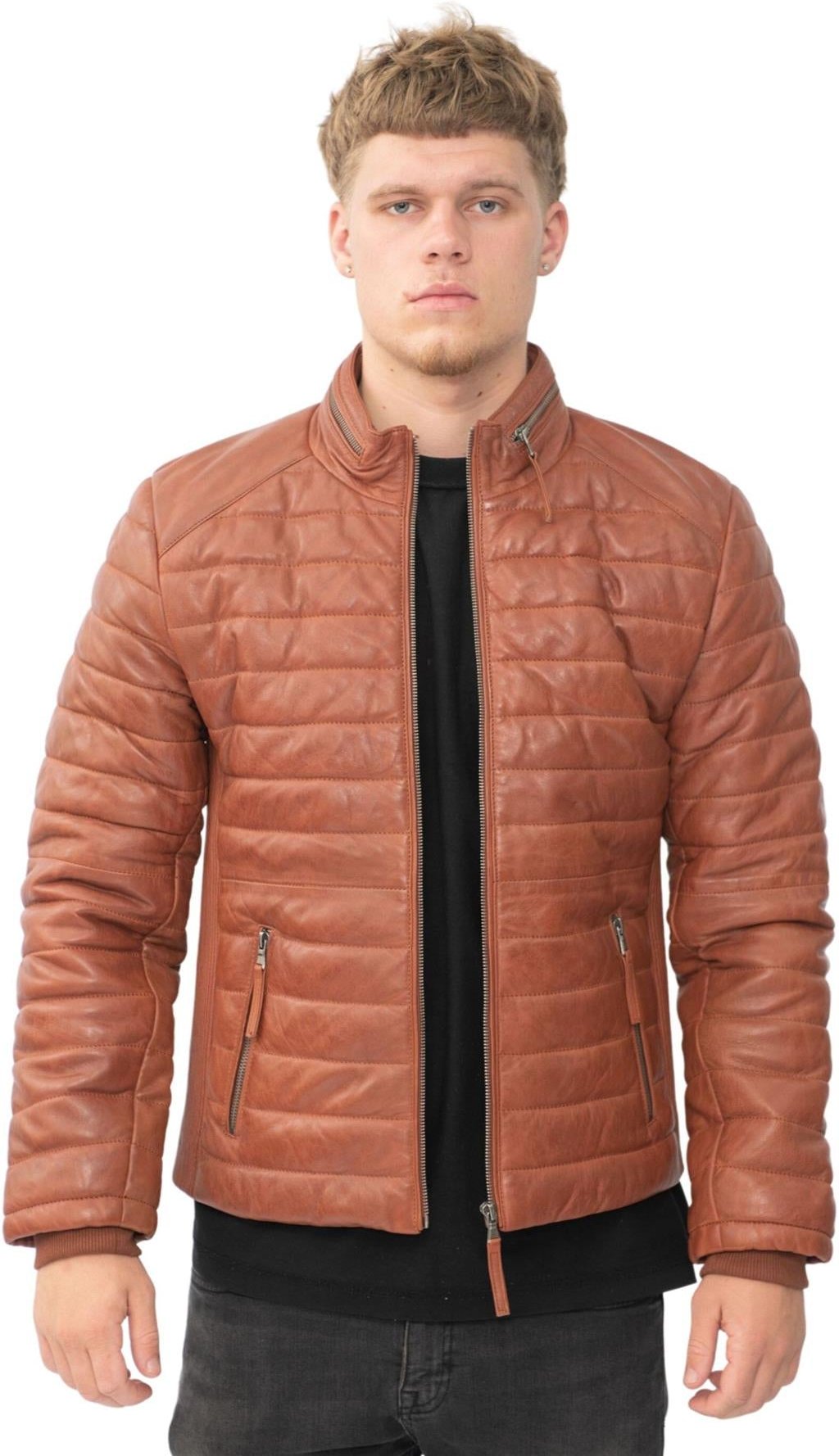 Hellbraune Herren-Pufferjacke aus gestepptem Leder – Tallinn
