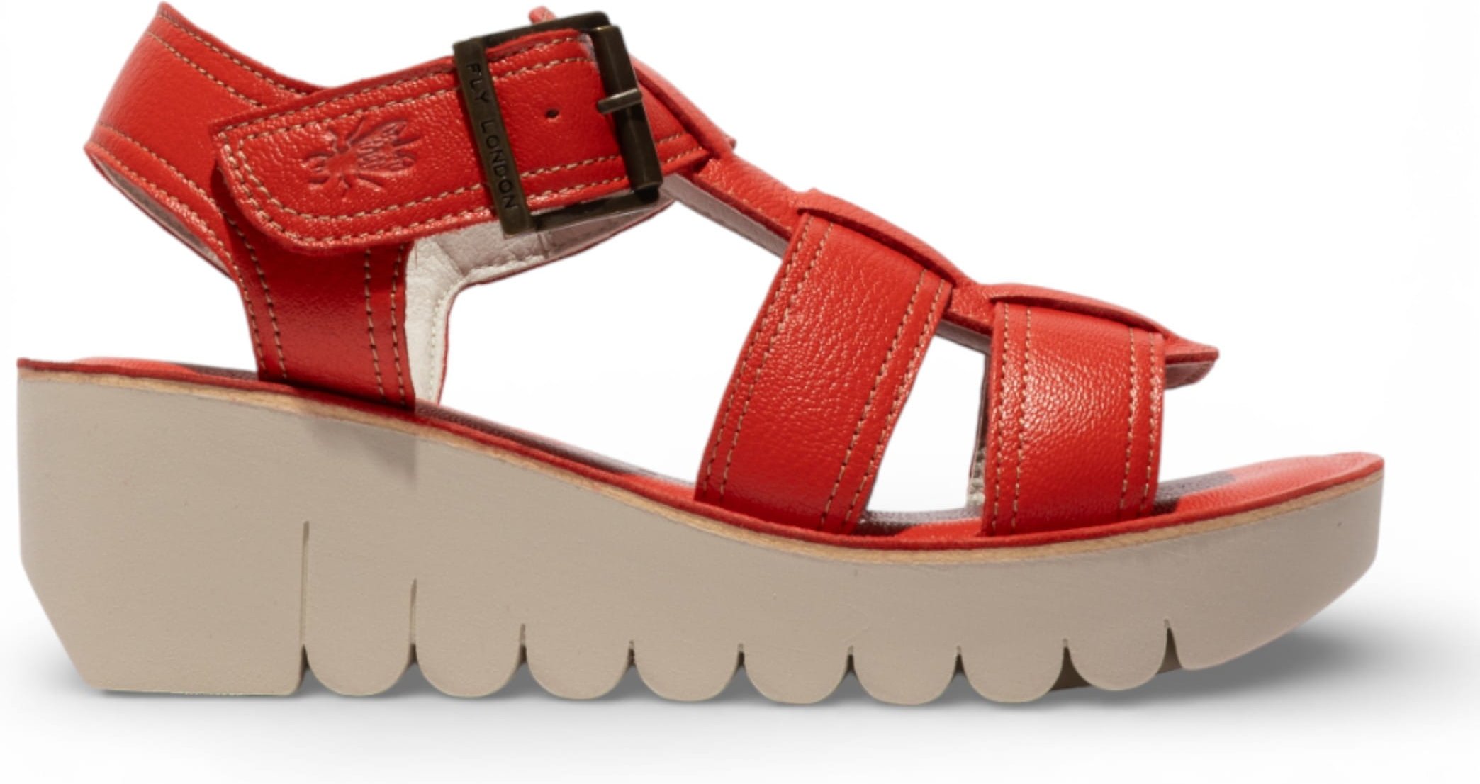 Fly London Damen-Keilsandalen YUDD236FLY aus rotem Leder, Modell Devil Red
