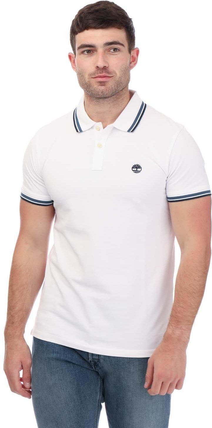 Timberland - Poloshirt Mit kontrastfarbenen Streifen für Herren/Damen Unisex kurzärmlig (Weiß)