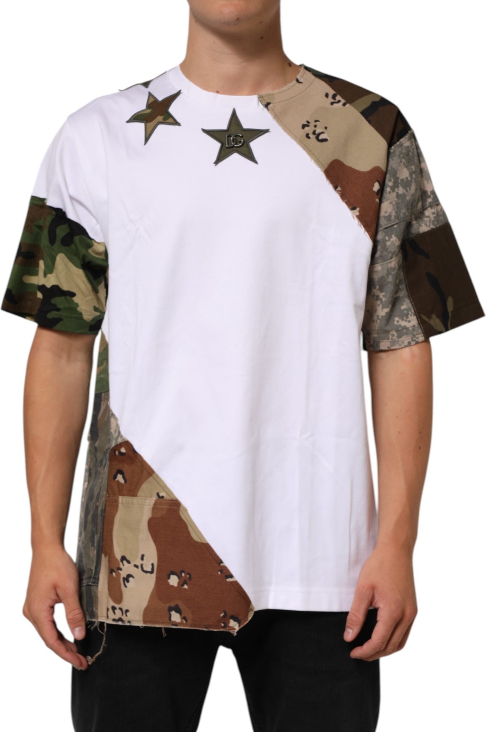 Dolce & Gabbana Weißes Camouflage Patchwork Herren Baumwoll-T-Shirt